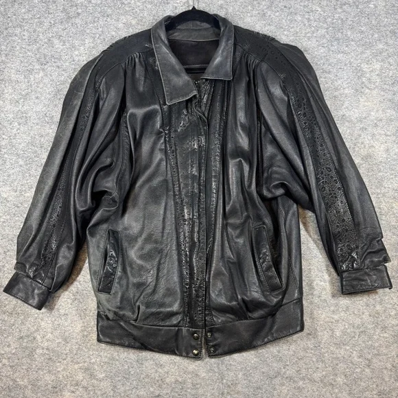 Vintage 80s Black Leather Bomber Jacket Women Oversized Puff Sleeve Retro Grunge - Picture 3 of 16